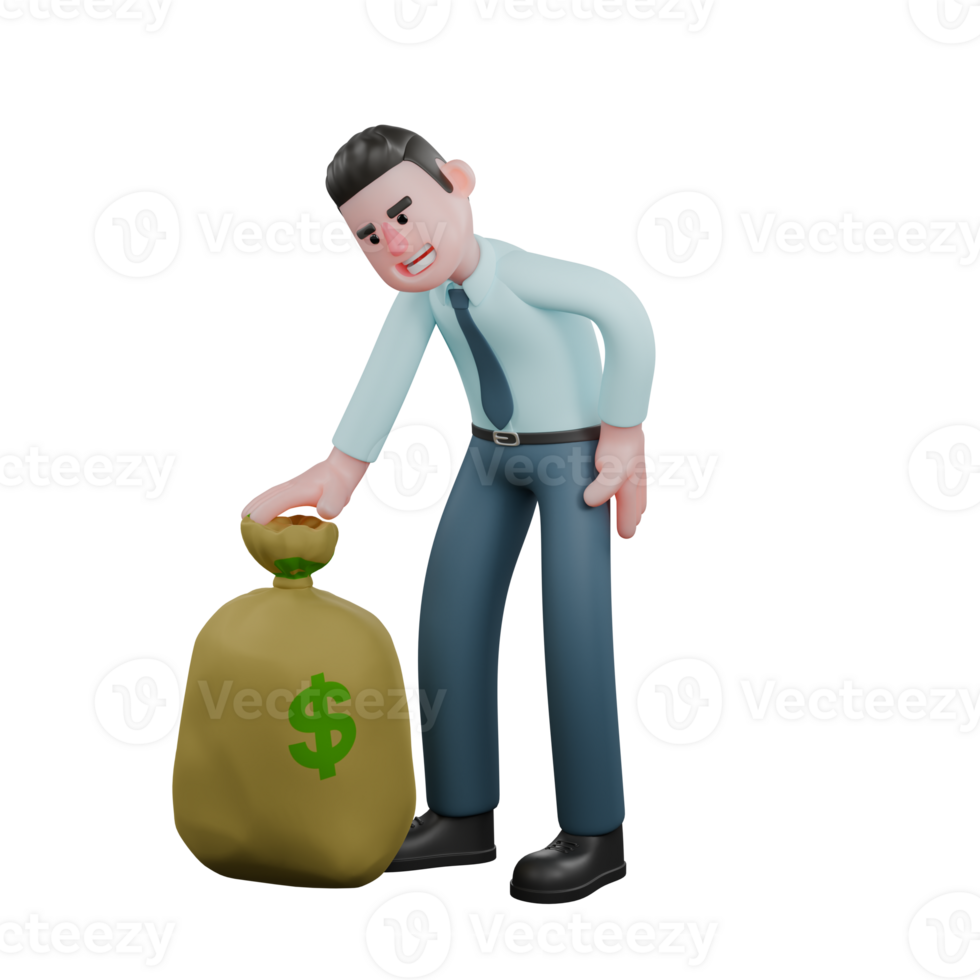 3D Male Financial Analyst in Economic Profession. A male financial analyst is standing slightly bent forward while his right hand wants to reach for the money bag in front of him. Illustrated png
