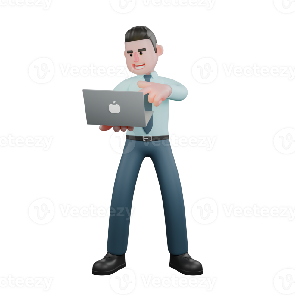 3D Illustrated Male Financial Analyst. A male financial analyst is standing with his legs slightly apart while his right hand is carrying an open laptop and his left hand is about to operate it. png