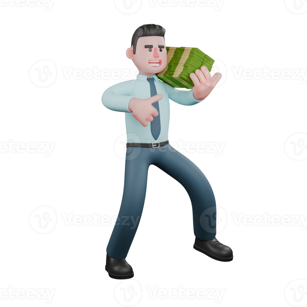 Financial Analyst Character in 3D. A male financial analyst is standing with his legs spread apart while his left hand is carrying various stacks of money while his right hand is pointing his thumb. png