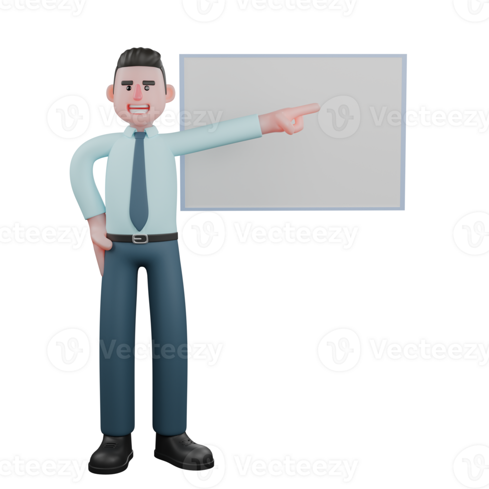 Professional 3D Male Economic Financial Analyst. A male financial analyst is standing in front of a whiteboard with his left hand pointing to the left while his right hand is on his waist. Cartoon png