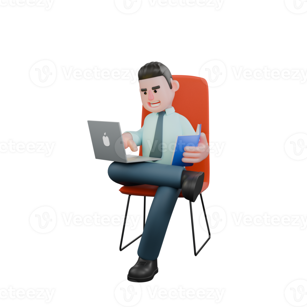 Male Professional Financial Analyst. A male financial analyst is sitting in a red chair with his right hand operating the laptop while his left hand holds an open blue-covered book. Economic png