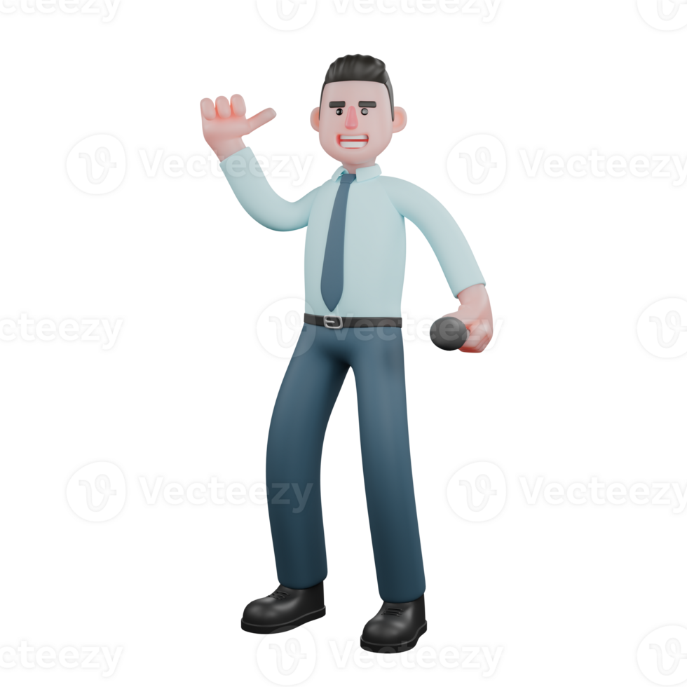 3D Professional Male Financial Analyst Character. A male financial analyst is standing with his right hand pointing his thumb backward while his left hand is holding a mic. Economic png