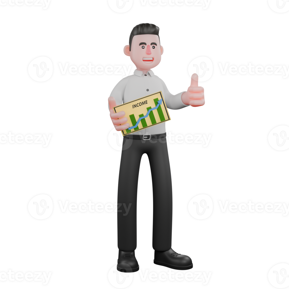 Male Businessman 3D Model. A male businessman stands with his right hand holding an income graph while his left hand raises his thumb. Economic Environment png
