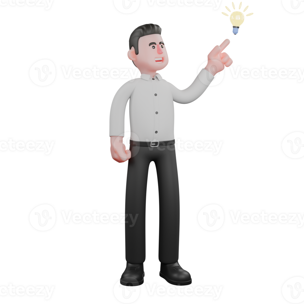 3D Cartoon Market. A male businessman stands with his left hand pointing at the light that is on above him. Businessman Sector Scene png