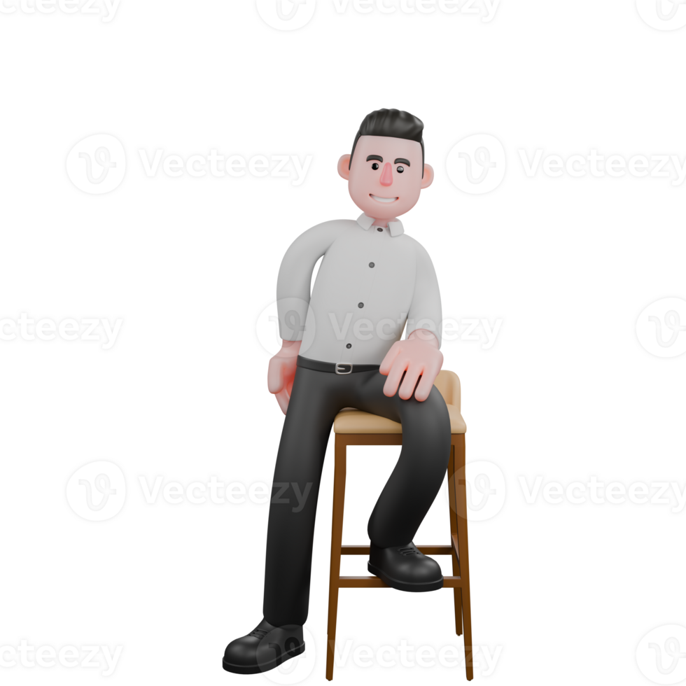 Male Businessman Character. A male businessman sits on a bar stool with his left hand on his left thigh and shows a smiling expression. 3D Corporate png