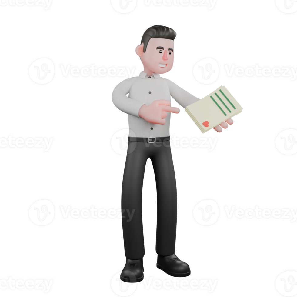 3D Illustratied of Male Business. A male businessman stands with his left hand holding a document while his right hand points to the document. Financial Strategy Specialist png