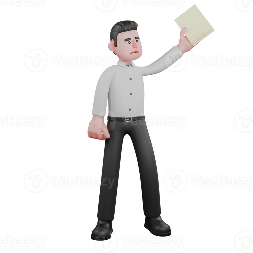 3D Strategy Expert Businessman. A male businessman stands with his left hand holding a stack of paper. Cartoon Male Professional png