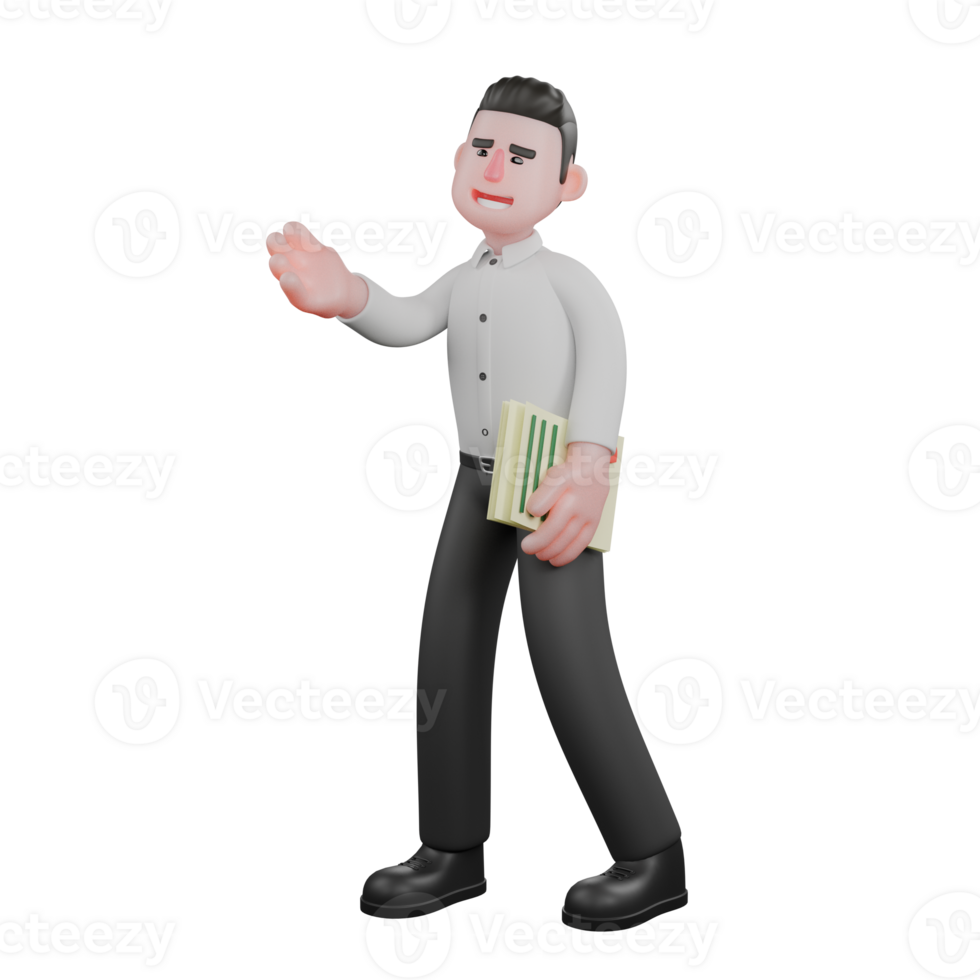 Male Business in Corporate Setting. A male businessman stands with his left hand carrying a document while his right hand is raised up, as if explaining. 3D Character png
