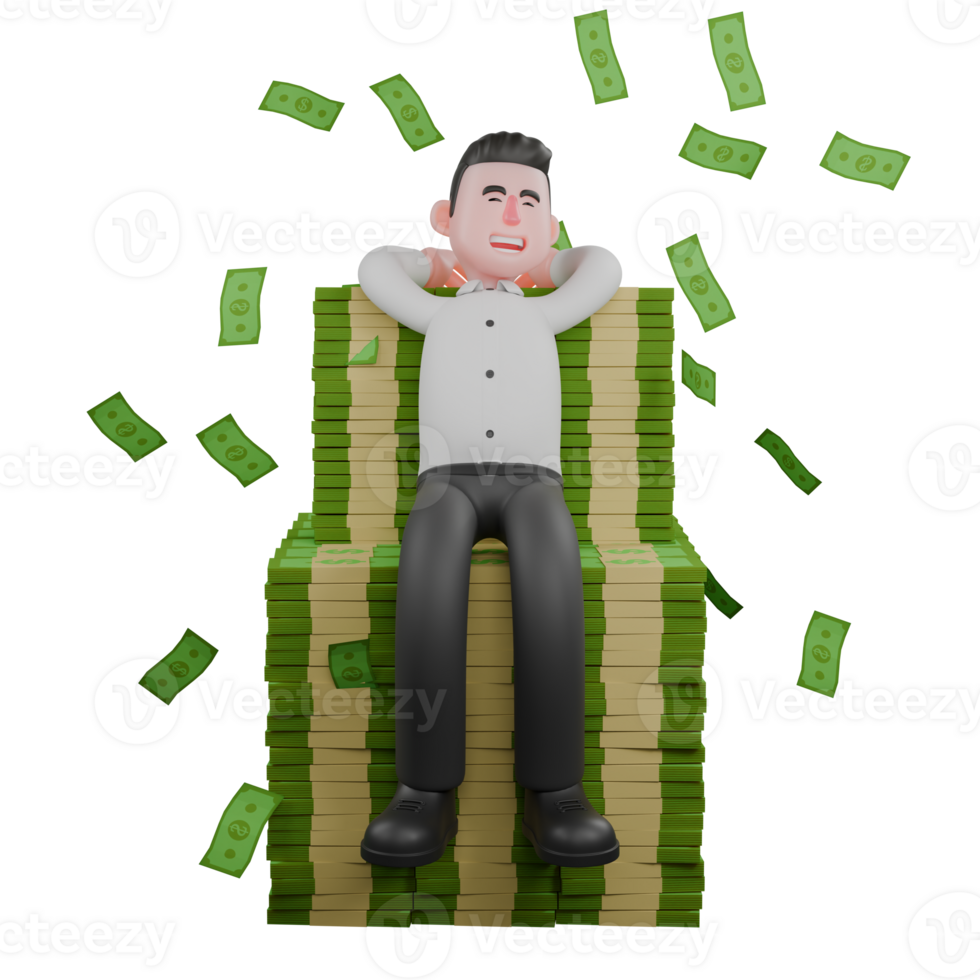 Male Businessman in Strategic Action. A male businessman sits on a pile of money with both hands behind his head while showing a happy expression. 3D Scene png