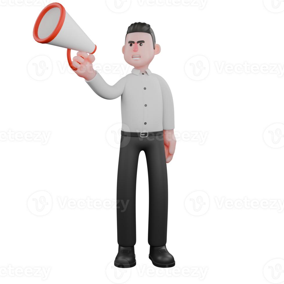 Animated Male Businessman. A male businessman stands with his right hand holding a loudspeaker. 3D Strategy Professional png