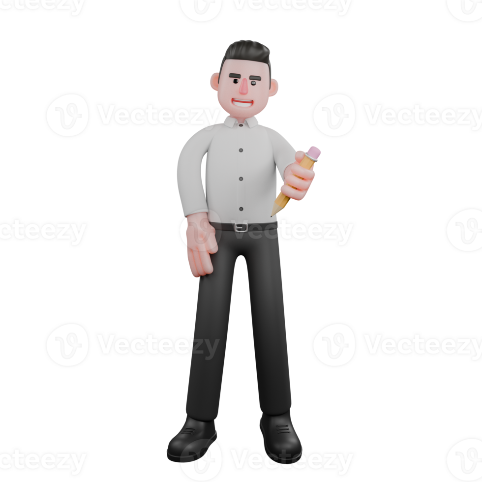 Businessman with Documents. A businessman stands with his left hand holding a pencil while his right hand is on his waist. 3D Illustration png