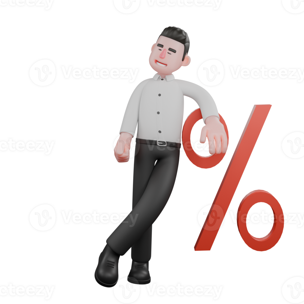 3D Strategy Character. A male businessman stands next to a large percent sign with his left hand leaning on the percent sign. Male Business Illustrated png