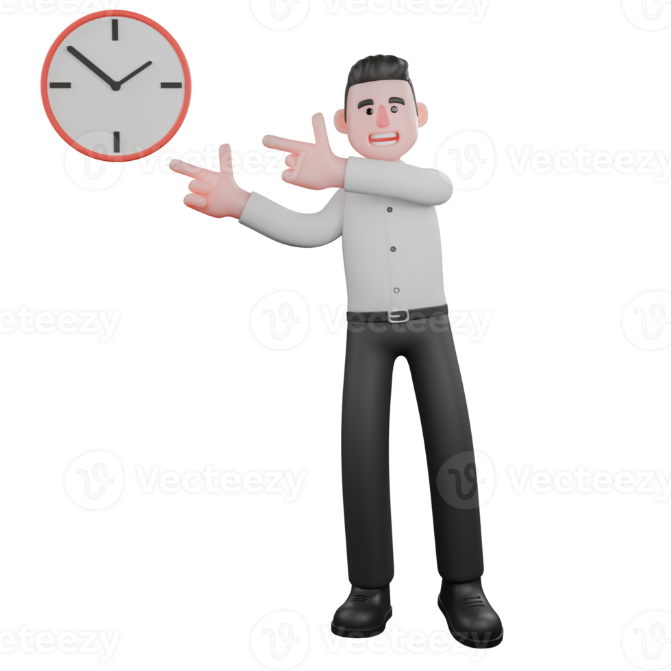 Illustrated of Male Strategy Professional. A male businessman is standing to the left of a wall clock then both hands are pointing at the wall clock. 3D Businessman png