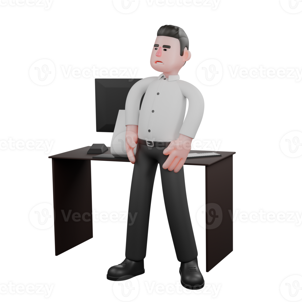 3D Professional in Business. A male businessman stands in front of a work desk with both hands on his waist. Male Businessman Cartoon png