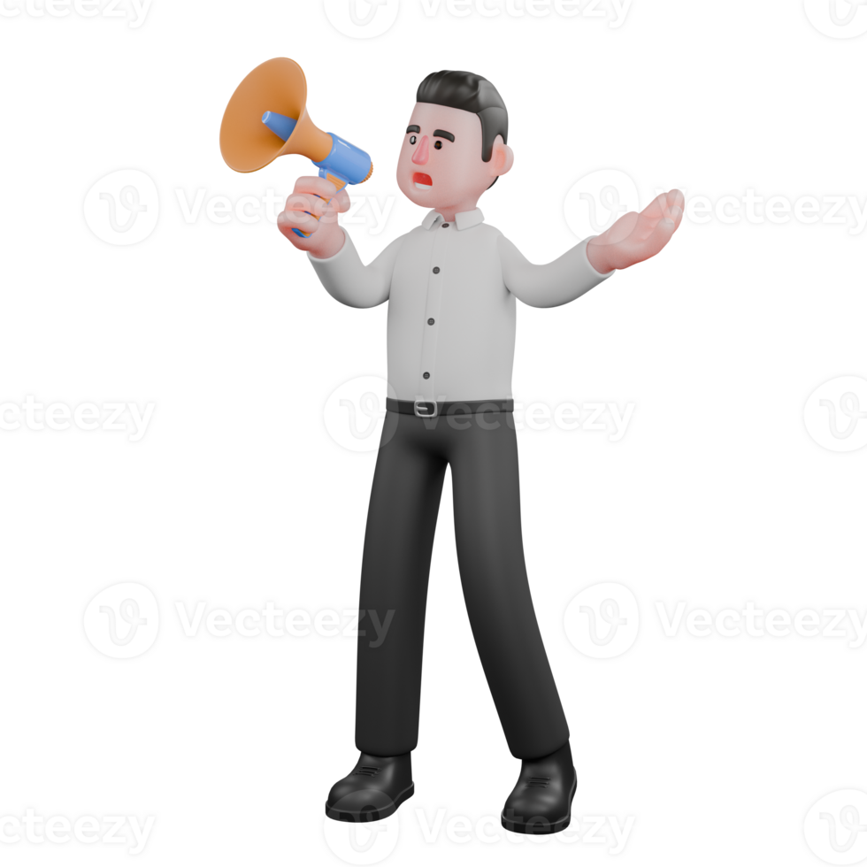 3D Male Businessman Character. A male businessman stands with his right hand holding a loudspeaker while his left hand is raised up with the palm facing up. Corporate Professional png