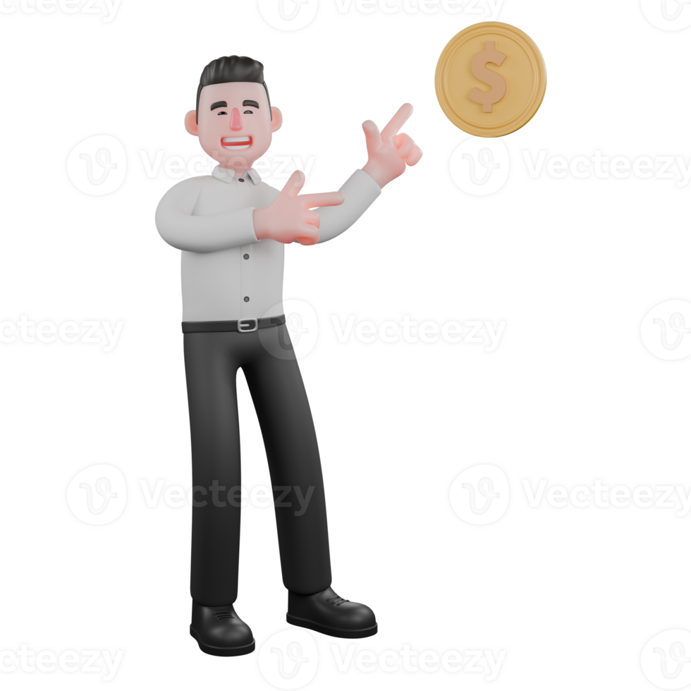 Male Businessman 3D Illustrated. A male businessman is standing to the right of a coin on the wall, while both hands are pointing at the coin. Professional png