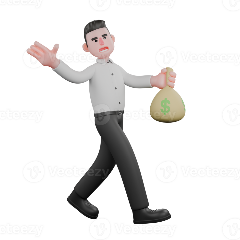 Illustrated Strategy Expert. A male businessman walks standing with his right hand making a greeting gesture while his left hand holds a money bag. 3D Male Businessman png