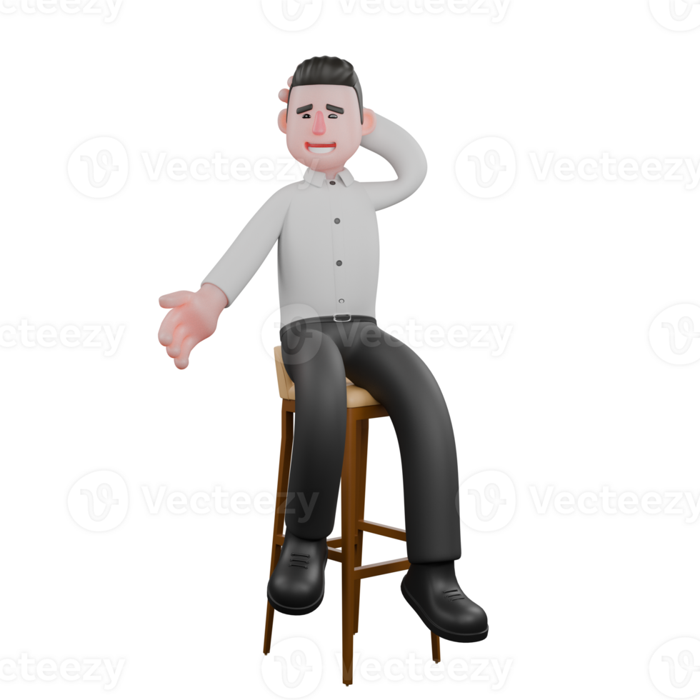 3D Corporate Practitioner. A male businessman sits on a bar stool with his left hand behind his head. Male Business Cartoon png