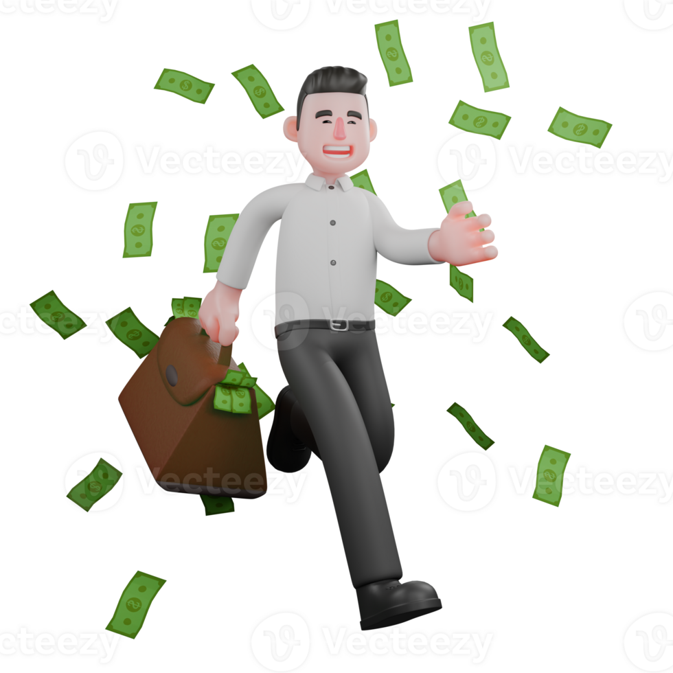 3D Cartoon of Male Businessman. A male businessman is running through the rain of money while his right hand is carrying a leather bag containing a lot of money. Professional Character png