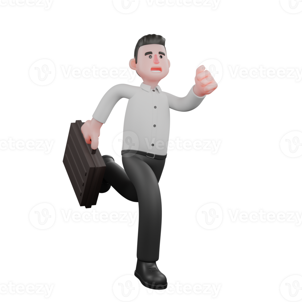 Strategy Illustrated. A male businessman is running with his right hand behind his body carrying a work suitcase while his left hand is in front of his body. 3D Male Businessman Character png
