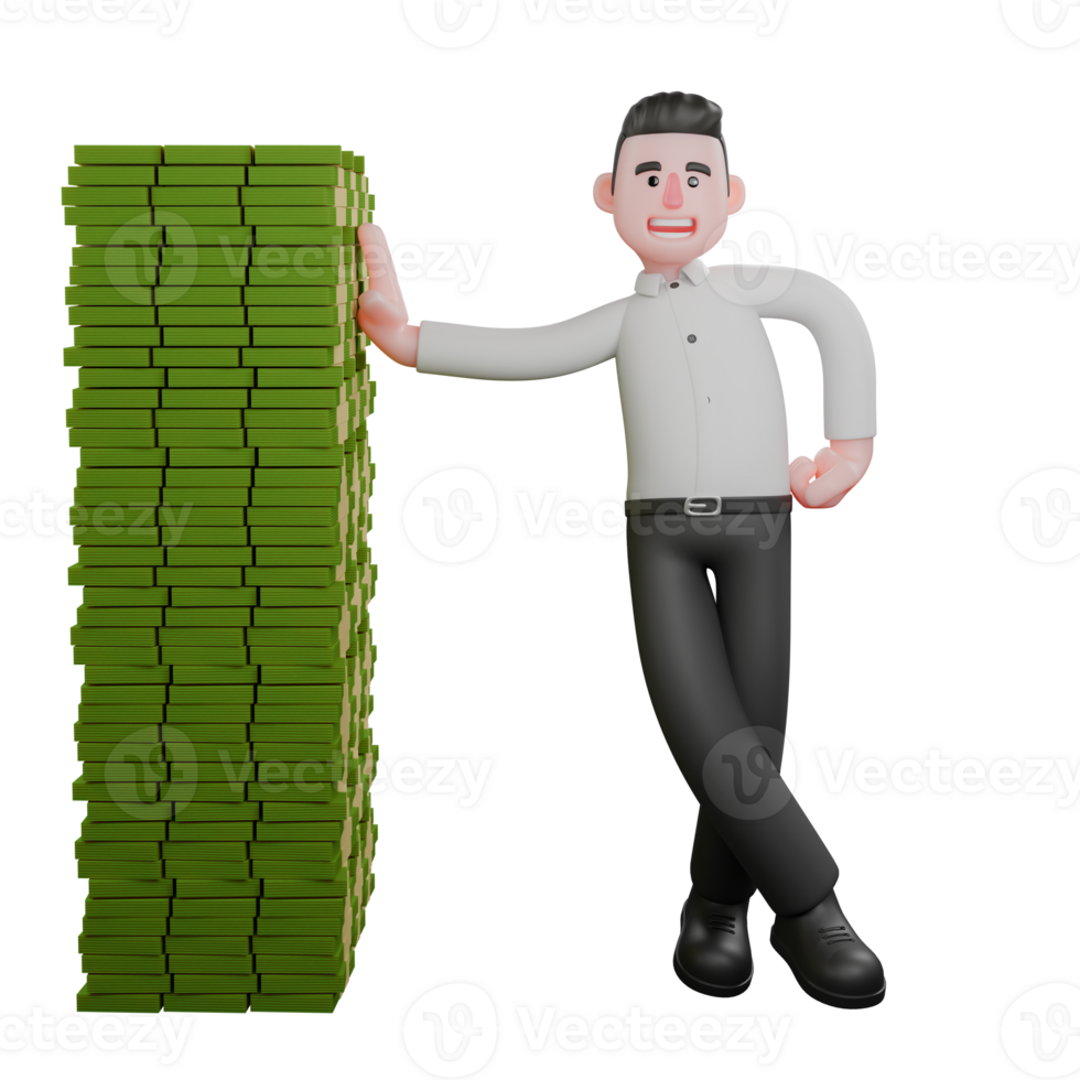 Male Businessman Cartoon. A male businessman is standing to the left of a pile of money with his legs crossed and his right hand resting on the pile of money while his left hand is bent at his waist. png