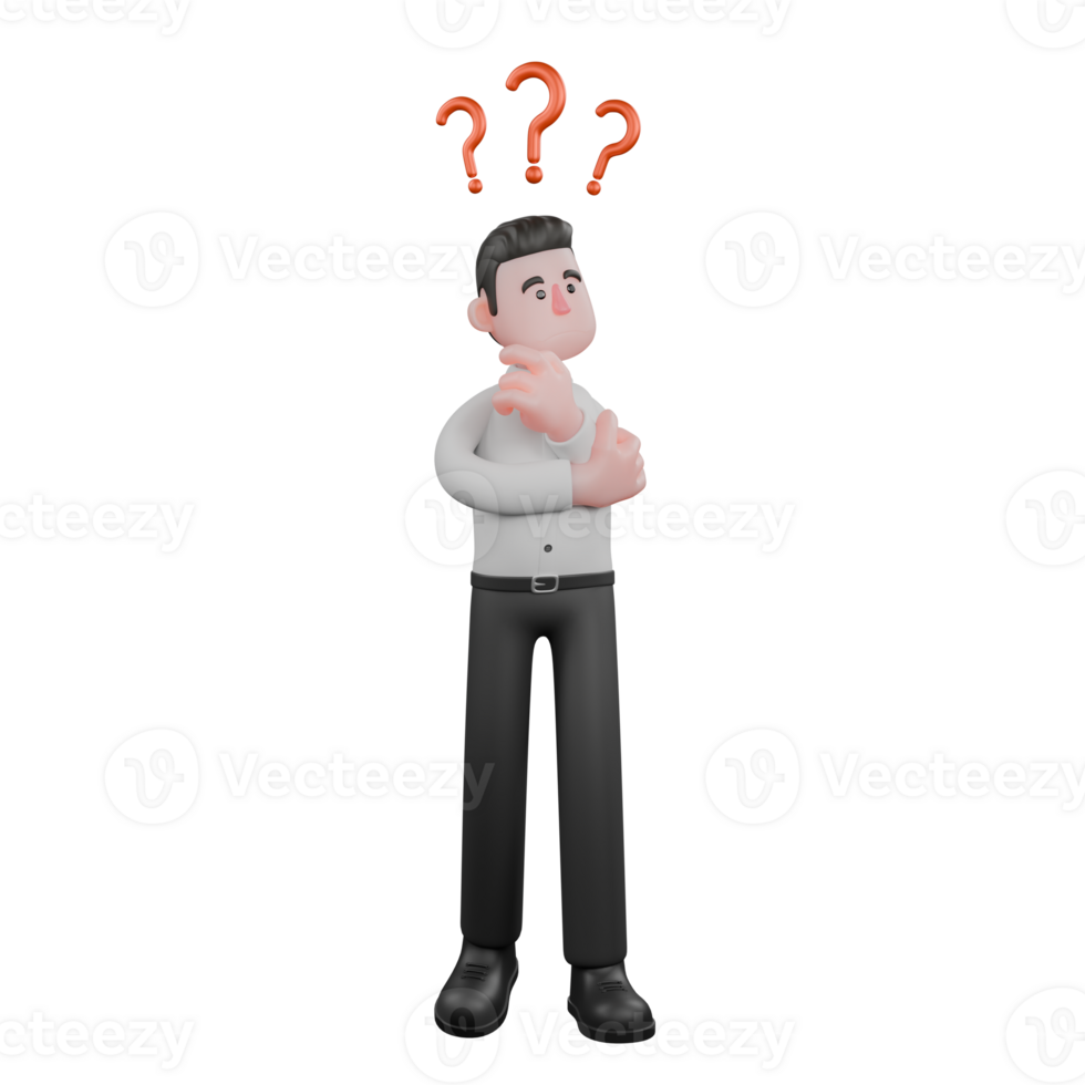 rategy Male Character. A male businessman is standing with his left hand holding his chin while his right hand is holding his left elbow, as if he is thinking about a strategy. 3D Businessman png