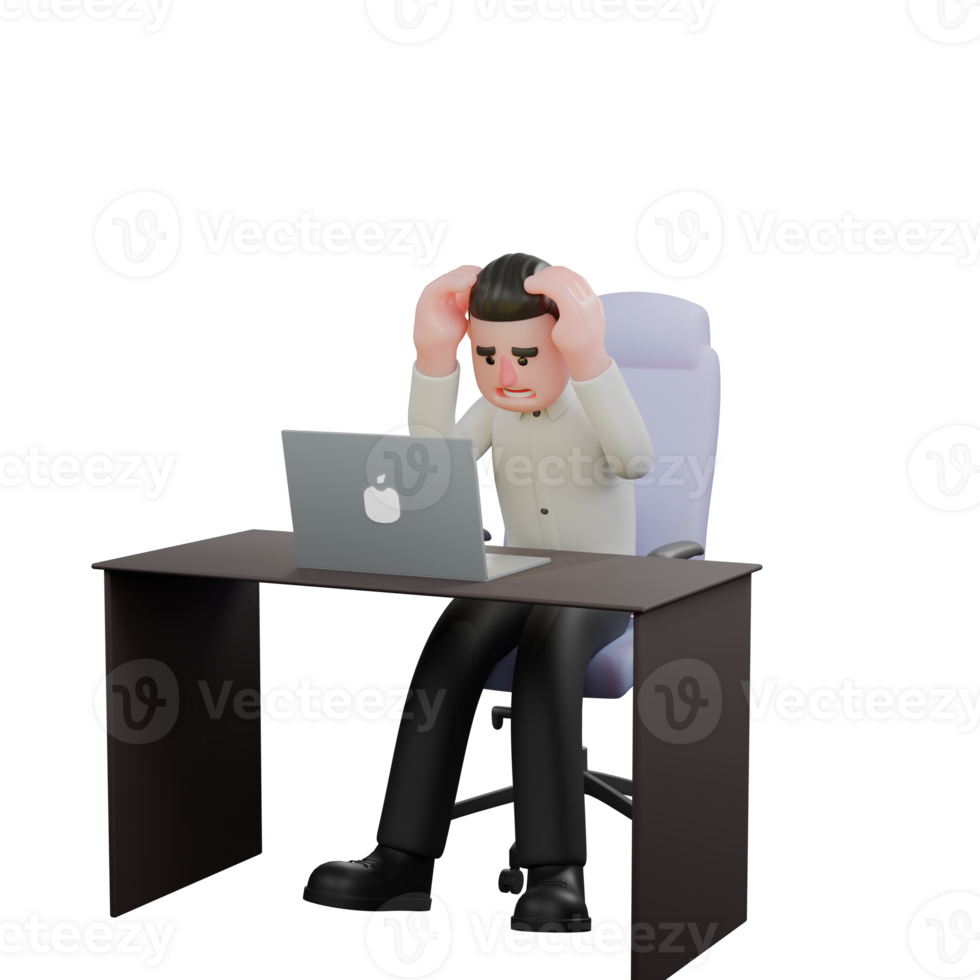 Male Businessman Professional Character. A male businessman is sitting on his desk chair with an open laptop on top and both his hands are holding his head. 3D Illustrated png