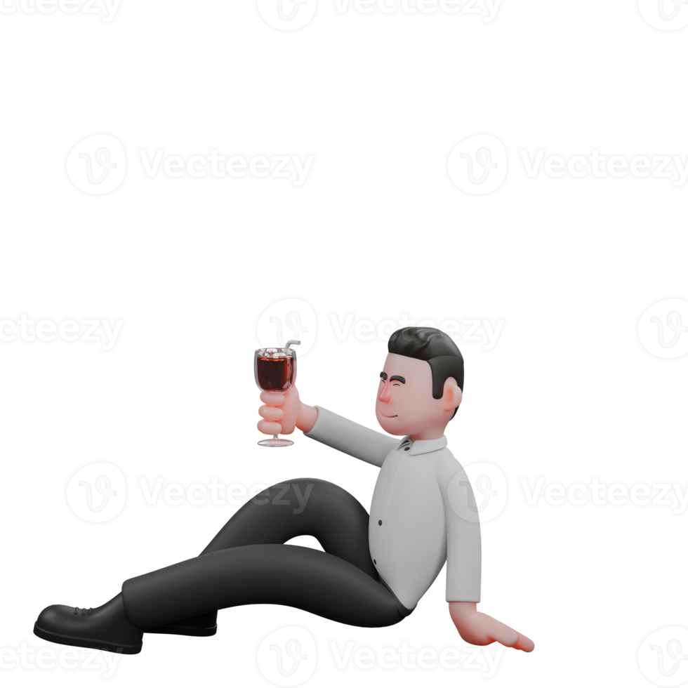Male Businessman 3D . A male businessman is sitting on the floor with his legs in front of his body and his left hand as a support for his body while his right hand is raised carrying a glass of ice. png