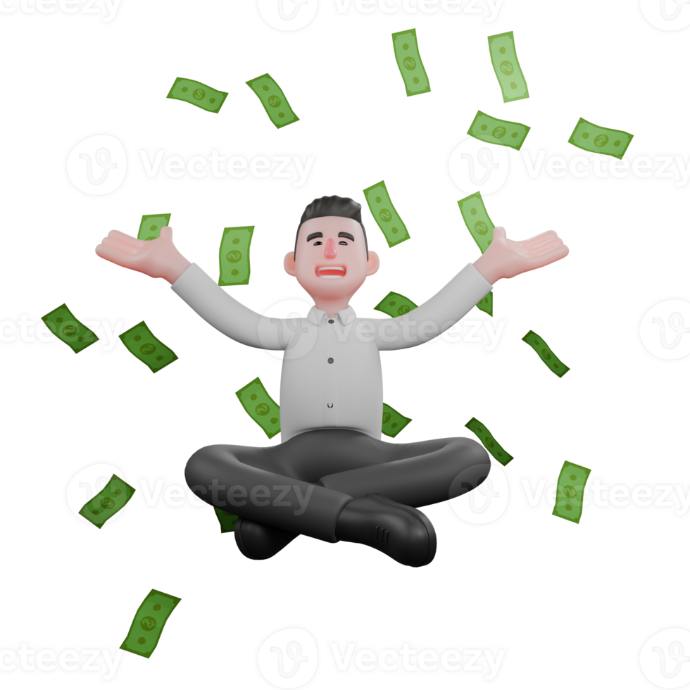 3D Male Businessman in Professional Role. A male businessman is sitting cross-legged enjoying the rain of money with his hands stretched out in opposite directions. Strategy Cartoon png