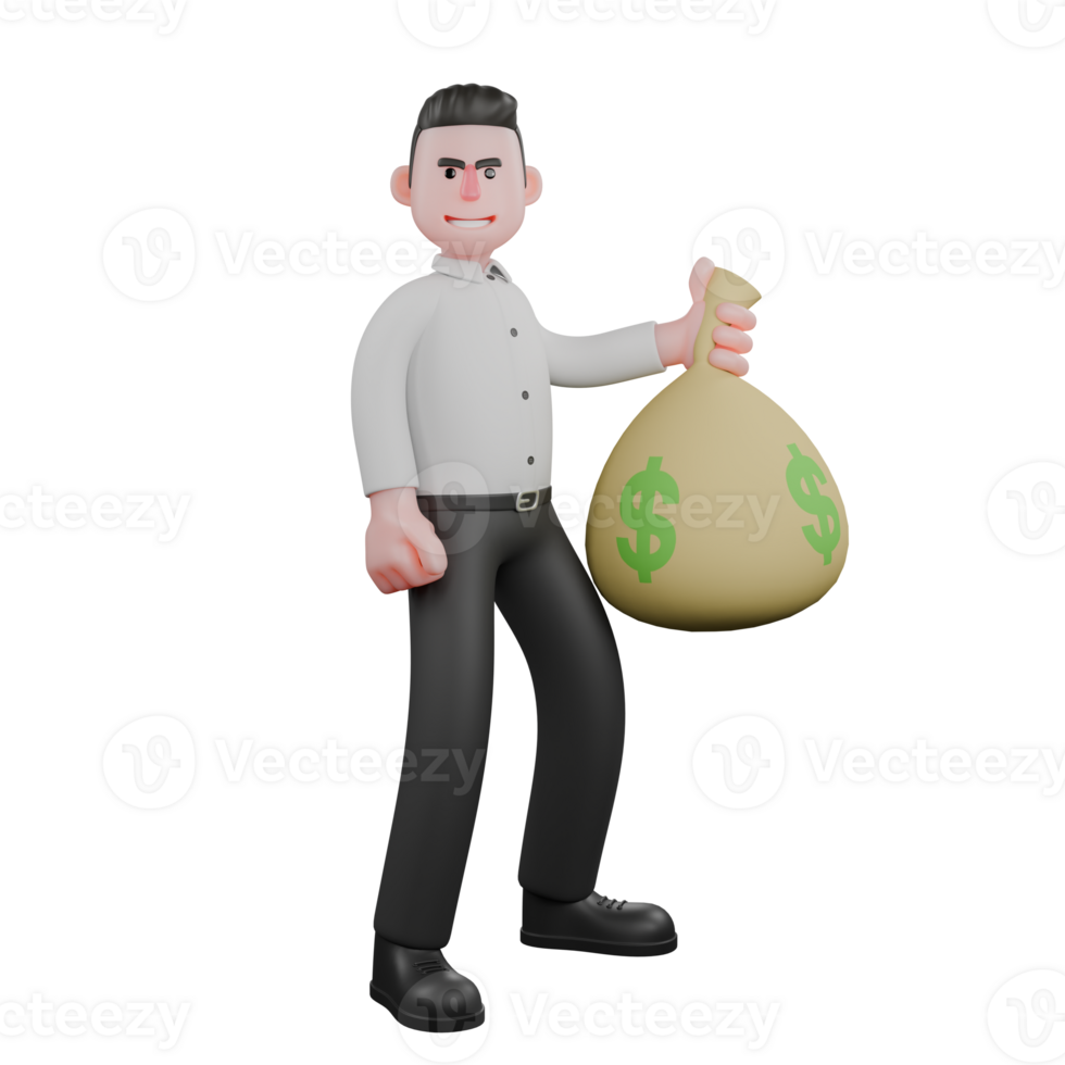 Professional 3D Male Strategic Businessman Illustration. A male businessman stands looking to the right while his right hand is bent forward while carrying a bag of money in his left hand. Cartoon png