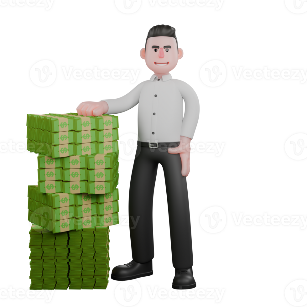 Illustrated of 3D Male Businessman. A male businessman is standing with his right hand leaning on a pile of money while his left hand is on his waist. Professional Cartoon png