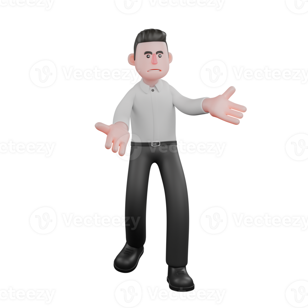 Male Businessman Strategy 3D. A male businessman is standing with his right leg behind him while both his palms are open in front of his body, as if he is going to catch something. fessional Character png