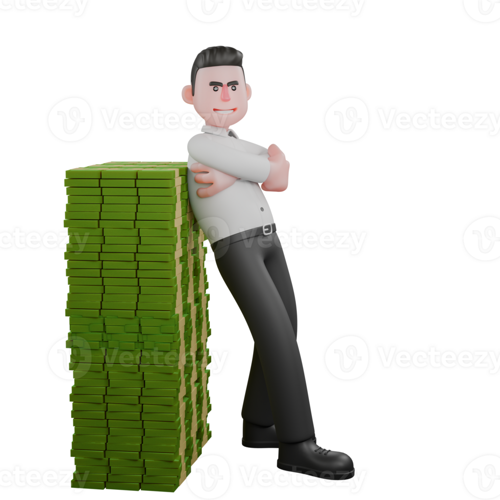 3D Male Businessman Character Strategy Illustrated. A male businessman is standing leaning on a pile of money while folding both his hands on his chest. Professional png