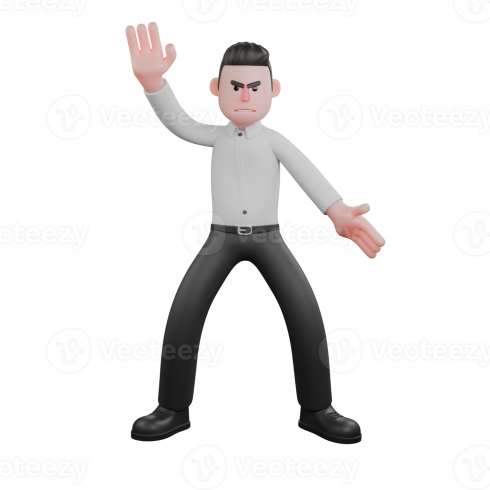 Businessman Cartoon in 3D. A male businessman is standing with his legs open while his left hand is slightly raised forward while his right hand is raised high behind his body. Male Professional png