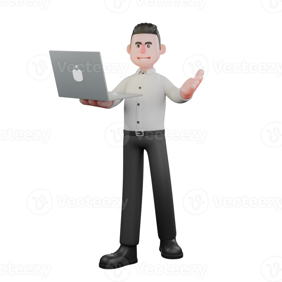 3D Male Businessman Character in Action. A male businessman is standing with his right hand carrying an open laptop then his left hand is raised widening his palm, as if he is presenting. png