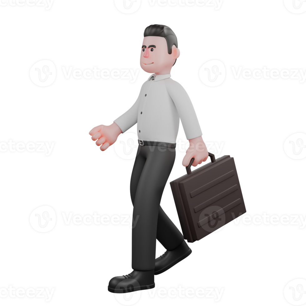 Professional Male Businessman in 3D Animation. A male businessman is walking with his left hand behind his body carrying a briefcase while his right hand is in front of his body clenched. Strategy png