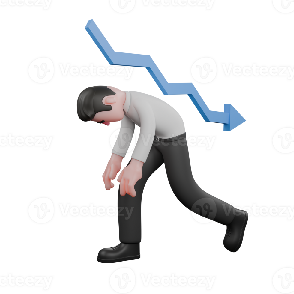 Male Businessman Character 3D Professional. A male businessman looks lethargic with a hunched body, carrying a desperate expression. Behind him, there is a blue arrow pointing down. Strategy Cartoon png