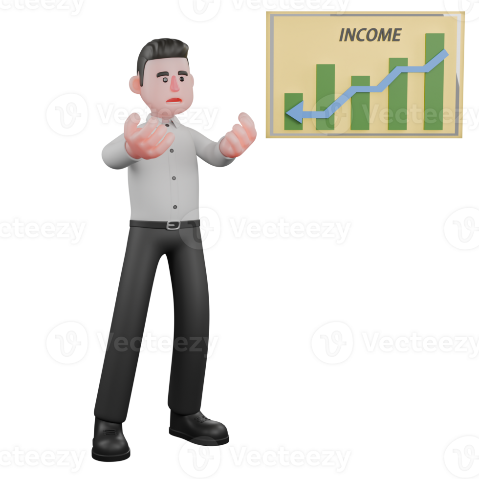 Male Businessman Cartoon 3D . A male businessman is standing next to a graphic that appears to be descending and his palms are open in front of his chest, as if he is praying or expecting something. png