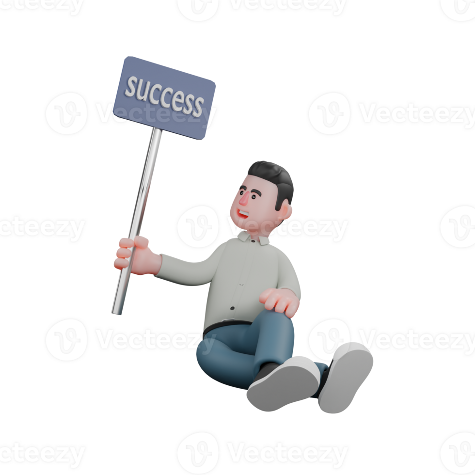 3D Cartoon Professional Writer. A male writer sits on the floor holding a sign with success written on it in his right hand. Male Writer png