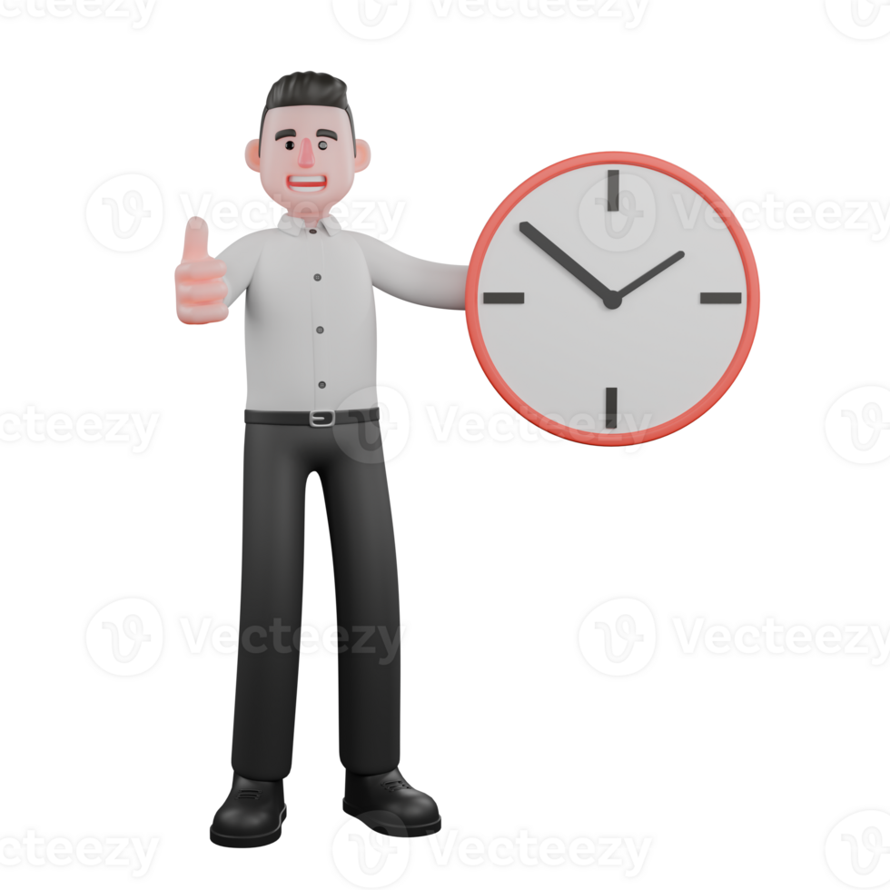 3D Male Businessman in Corporation. A male businessman is standing with his left hand pointing at a large clock while his right hand is sticking out his thumb. Strategy Illustrated png
