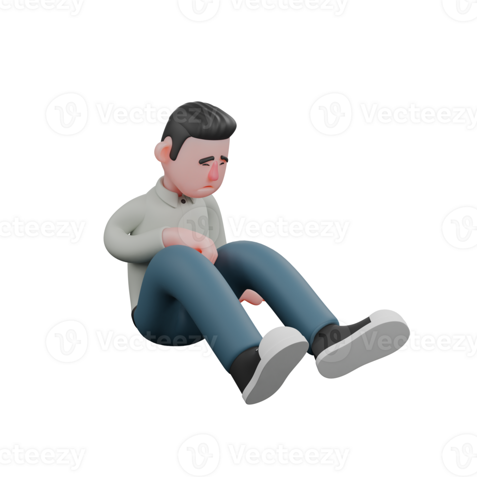 3D Male Literary Expert. A male writer sits on the floor while bending both legs with a sad expression. Illustrated Writer Character png