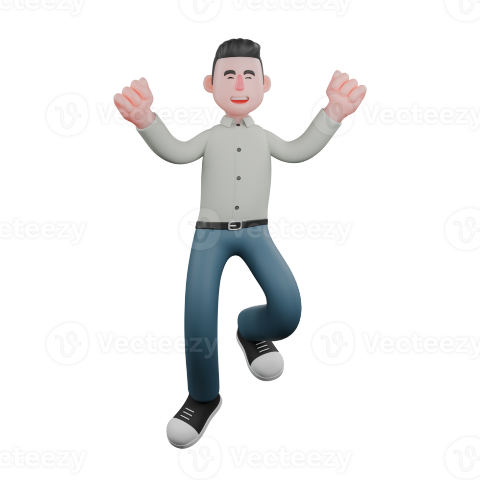 Male Writer 3D Model . A male writer jumps while both hands are clenched upwards with a happy expression. Narrative Crafting Environment png
