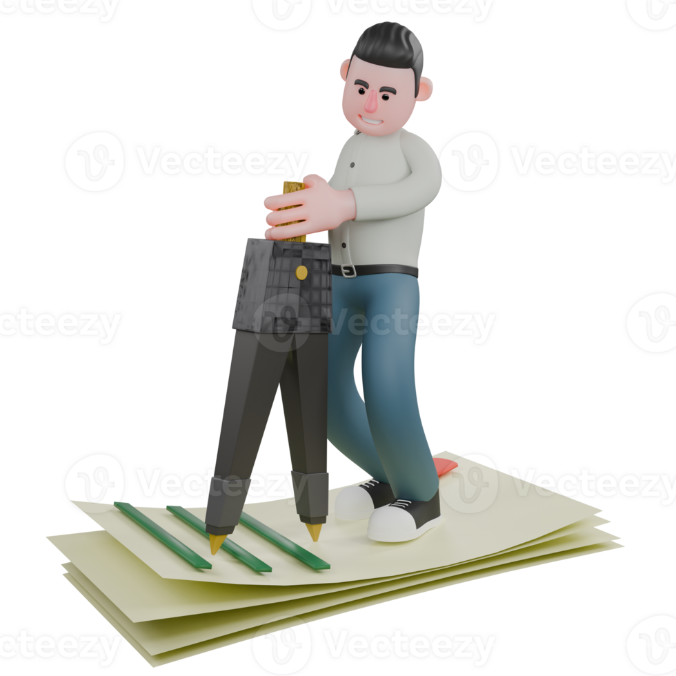 3D Illustrated Writer. A male writer stands on a large sheet of paper and next to a compass with both hands holding a compass. Male Novelist Cartoon png