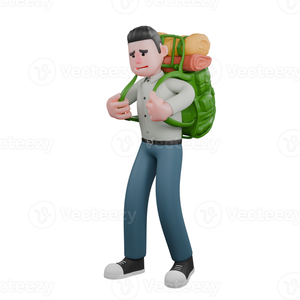 Professional Male Writer in 3D. A male writer is standing carrying a green backpack while both hands are holding the strap of the backpack. Editorial Character png