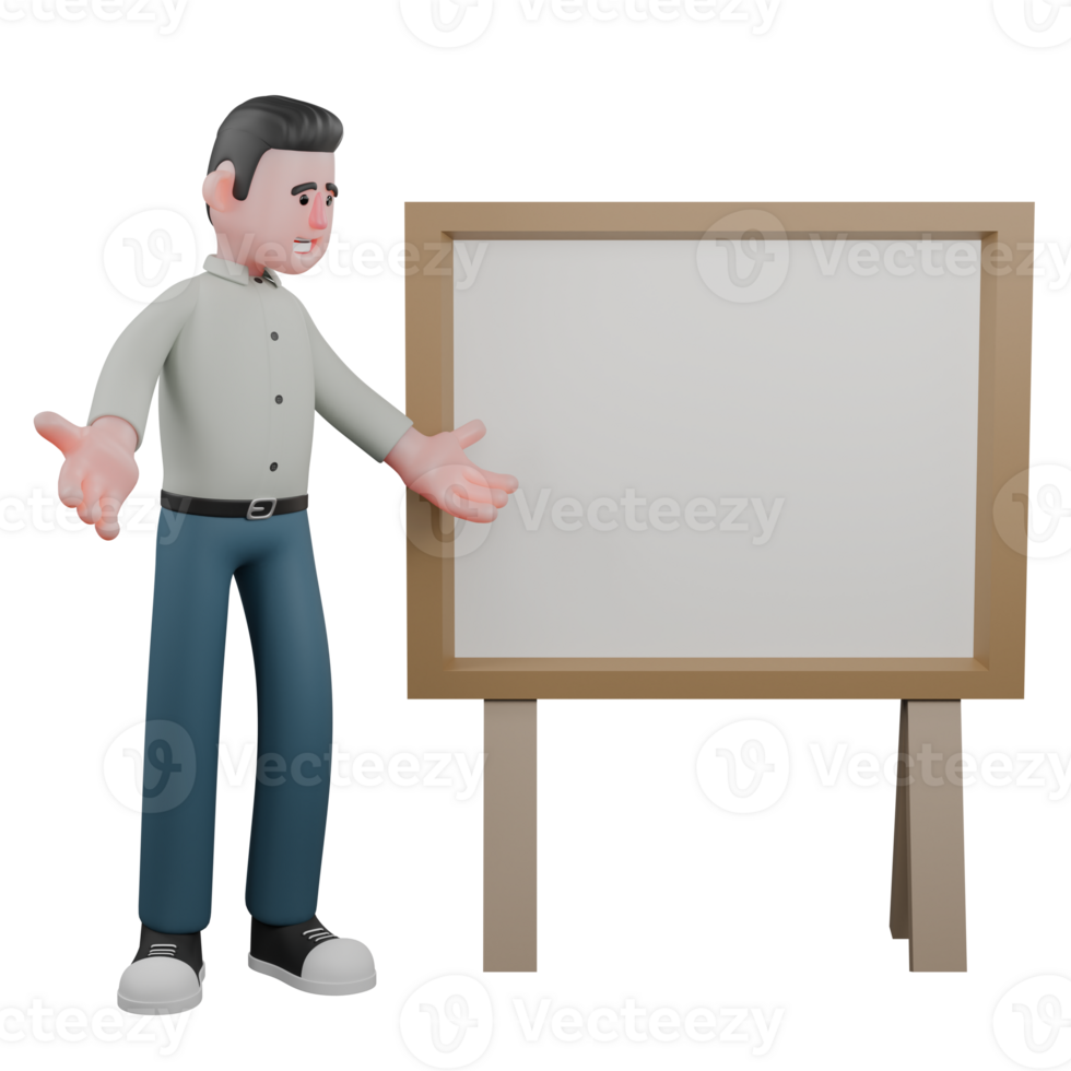 3D Illustrated of Male Writer. A male writer stands next to a blackboard with both hands wide open. Book Writing Specialist png