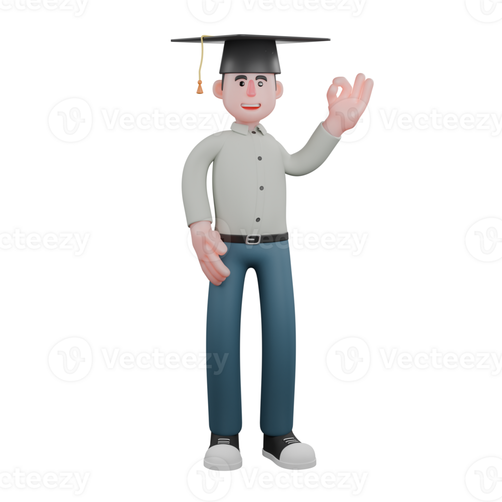 Professional Writer 3D Art. A male writer stands by giving an okay symbol with his left hand while his right hand is on his waist. Male Author Character png