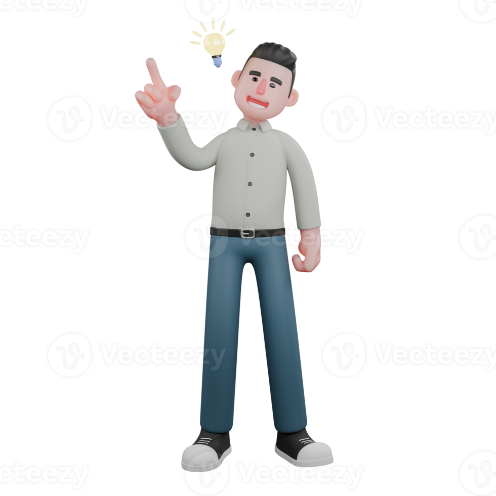 Professional Man Writing. A male writer stands and points his right hand upward as if getting an idea. 3D Writer Cartoon png