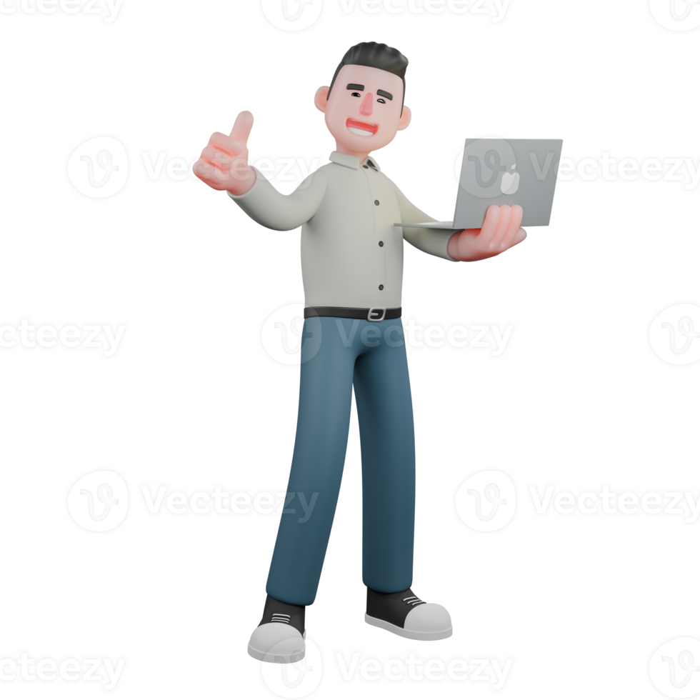 3D Male Writer in Studio. A male writer stands with a laptop in his left hand while sticking out his thumb on his right hand. Professional Character png