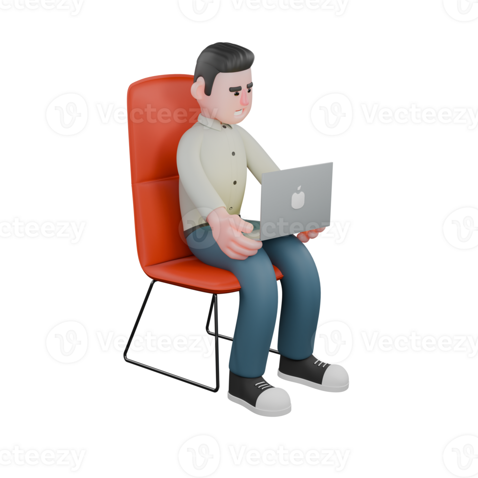 Male Writer in Literary Setting. A male writer is sitting while operating a laptop on his lap. 3D Character png