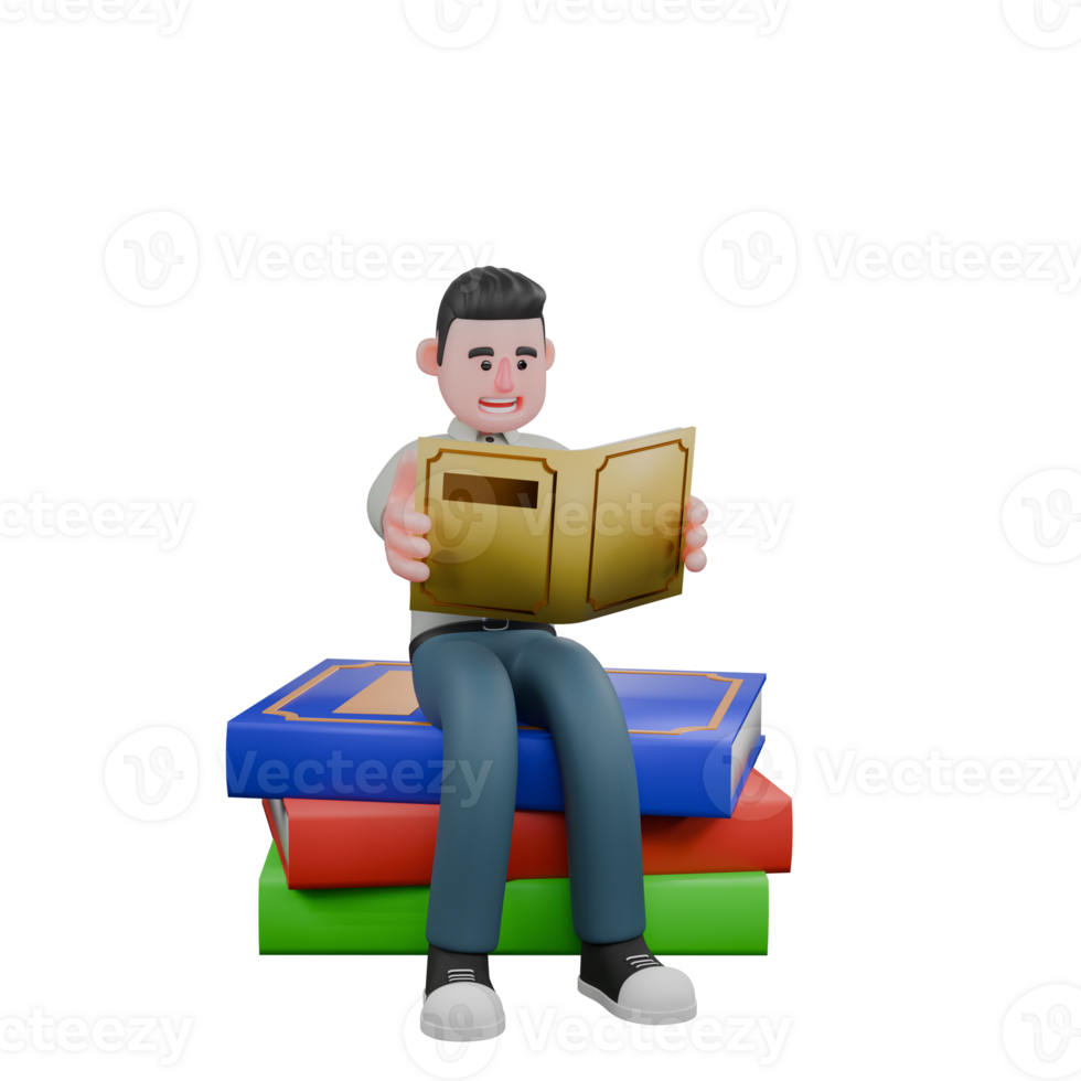 3D Illustrative Male Writer. A male writer sits on a pile of large books with both hands holding books. Literary Professional png